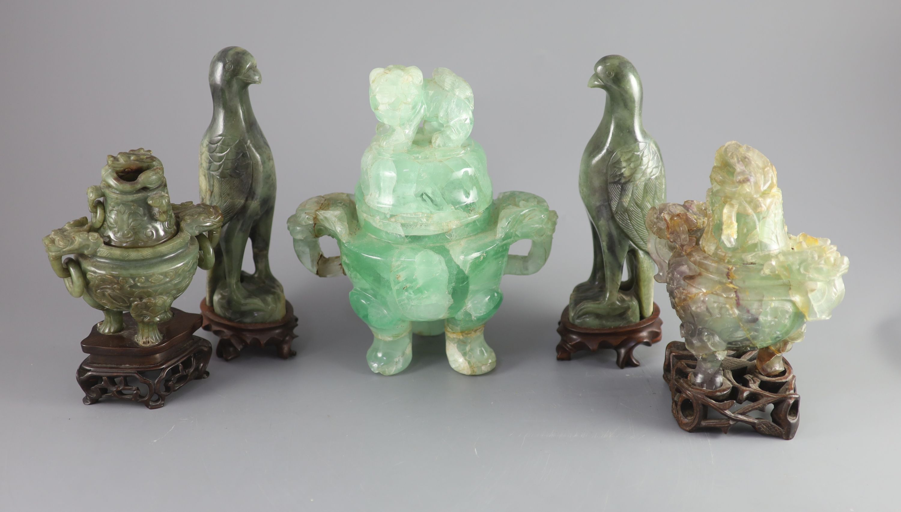 A large Chinese green quartz tripod censer, a Chinese green jade tripod censer, incomplete,